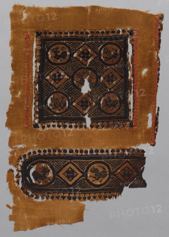 Fragment of a Tunic with Segmentum and Part of a Gammadion Border, 400s - 600s. Egypt, Byzantine period, 5th - 7th century. Tabby weave, inwoven tapestry ornament; wool and linen; overall: 41.5 x 30 cm (16 5/16 x 11 13/16 in.).