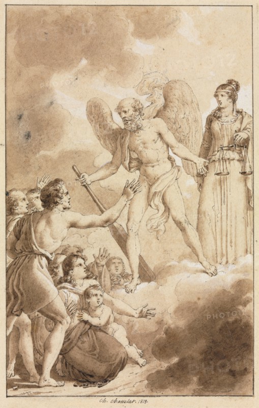 Allegory, 1818. Charles Abraham Chasselat (French, 1782-1843). Pen and black ink and brush and brown wash, heightened with white gouache; framing lines in black ink; sheet: 15.3 x 9.7 cm (6 x 3 13/16 in.); image: 14.3 x 9.1 cm (5 5/8 x 3 9/16 in.).
