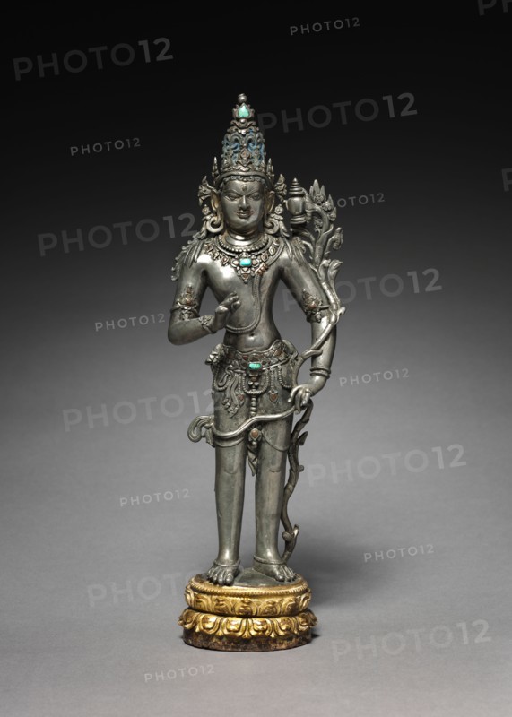 Bodhisattva Maitreya: The Future Buddha, 1100s. East India, Bengal, Pala period, 12th century. Silver inlaid with turquoise, copper, brass and gold; gilt bronze lotus; overall: 32.4 cm (12 3/4 in.).