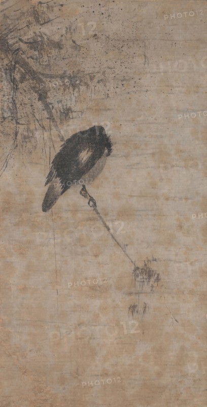 Willow and Magpie, mid-1200s. Attributed to Fachang Muqi (Chinese, 1220-1280). Hanging scroll, ink on paper; image: 60.4 x 30.9 cm (23 3/4 x 12 3/16 in.); overall: 137.2 x 48.3 cm (54 x 19 in.).