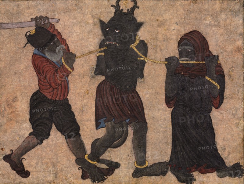 Demon in chains, c. 1453. Style of Muhammad Siya Qalam (Iranian). Opaque watercolor and gold on paper; image: 25.7 x 34.4 cm (10 1/8 x 13 9/16 in.); overall: 27 x 35.2 cm (10 5/8 x 13 7/8 in.).