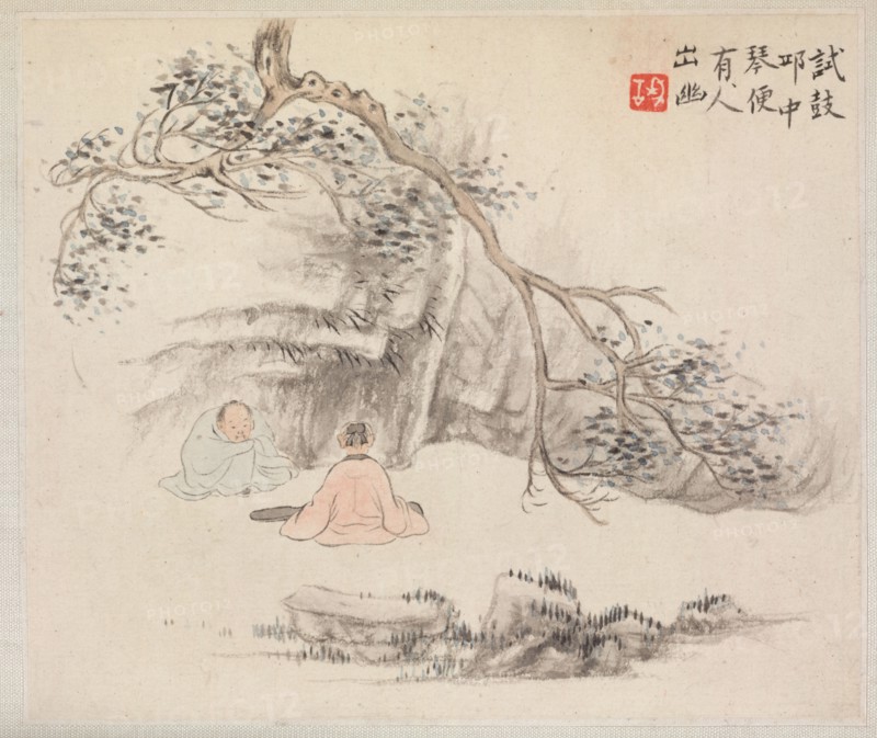 Album of Landscape Paintings Illustrating Old Poems: Two Figures Outside: One Listens while the Other Plays the Qin, 1700s. Hua Yan (Chinese, 1682-about 1765). Album leaf, ink and light color on paper; image: 11.2 x 13.1 cm (4 7/16 x 5 3/16 in.); album, closed: 15 x 18.5 cm (5 7/8 x 7 5/16 in.).