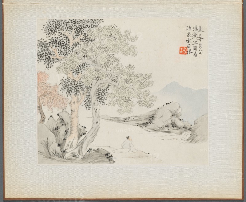 Album of Landscape Paintings Illustrating Old Poems:  Three Big Trees, a Stream with an Old Man Sitting on the Bank, 1700s. Hua Yan (Chinese, 1682-about 1765). Album leaf, ink and light color on paper; image: 11 x 13.1 cm (4 5/16 x 5 3/16 in.); album, closed: 15 x 18.5 cm (5 7/8 x 7 5/16 in.).