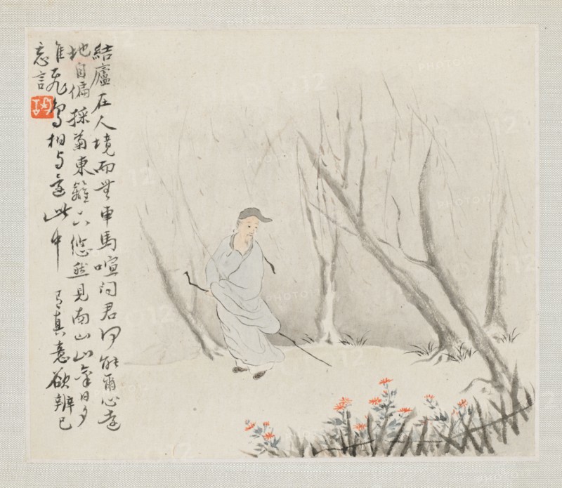 Album of Landscape Paintings Illustrating Old Poems:  An Old Man with a Staff walks a Wooded Path, 1700s. Hua Yan (Chinese, 1682-about 1765). Album leaf, ink and light color on paper; image: 11.2 x 13.1 cm (4 7/16 x 5 3/16 in.); album, closed: 15 x 18.5 cm (5 7/8 x 7 5/16 in.).