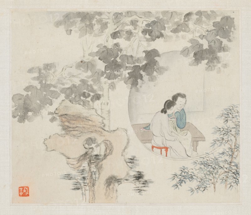 Album of Landscape Paintings Illustrating Old Poems: Two Women Sit at a Table within a Circle Visible in a Landscape, 1700s. Hua Yan (Chinese, 1682-about 1765). Album leaf, ink and light color on paper; image: 11.2 x 13.1 cm (4 7/16 x 5 3/16 in.); album, closed: 15 x 18.5 cm (5 7/8 x 7 5/16 in.).