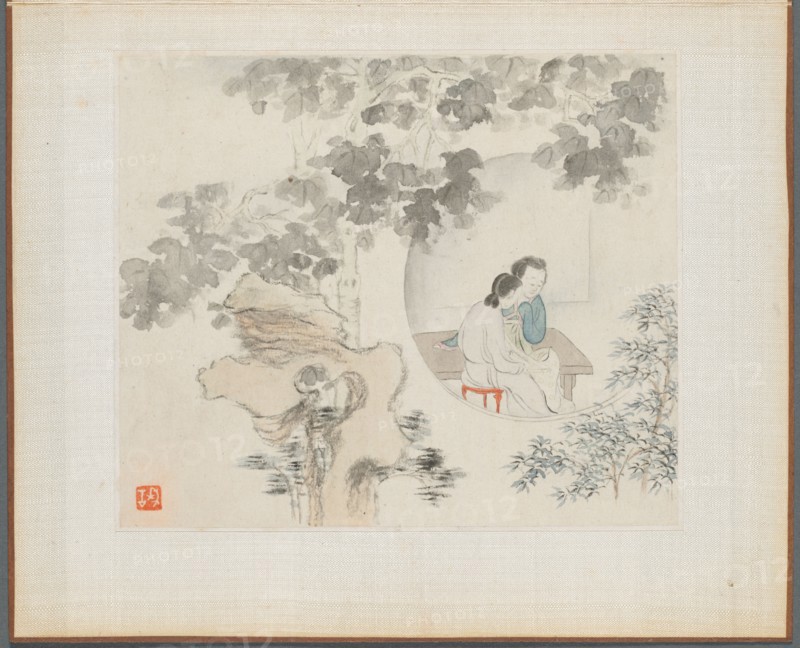 Album of Landscape Paintings Illustrating Old Poems: Two Women Sit at a Table within a Circle Visible in a Landscape, 1700s. Hua Yan (Chinese, 1682-about 1765). Album leaf, ink and light color on paper; image: 11.2 x 13.1 cm (4 7/16 x 5 3/16 in.); album, closed: 15 x 18.5 cm (5 7/8 x 7 5/16 in.).