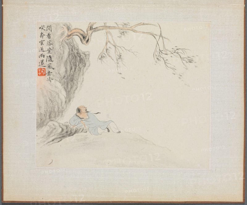 Album of Landscape Paintings Illustrating Old Poems: A Man Reclines beneath an Overhanging Branch, 1700s. Hua Yan (Chinese, 1682-about 1765). Album leaf, ink and light color on paper; image: 11.2 x 13.1 cm (4 7/16 x 5 3/16 in.); album, closed: 15 x 18.5 cm (5 7/8 x 7 5/16 in.).