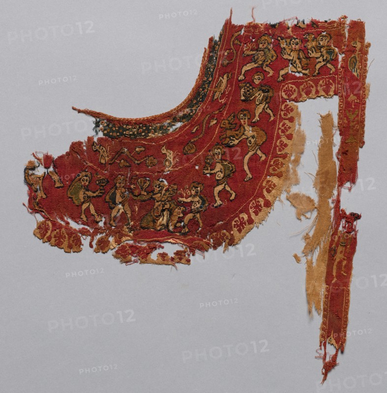 Neckband and Clavus from a Tunic, 600s - 700s. Egypt, Umayyad period (?), 7th - 8th century. Tabby weave, inwoven tapestry ornament; wool and linen; overall: 29 x 27.5 cm (11 7/16 x 10 13/16 in.)