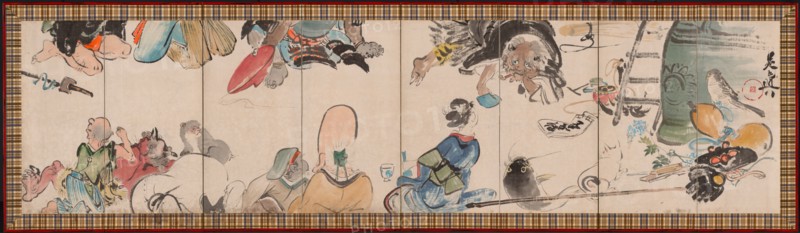 Gathering of Otsu-e Subjects, late 1800s. Shibata Zeshin (Japanese, 1807-1891). Eight-panel folding screen, ink and color on hemp; image: 101 x 396 cm (39 3/4 x 155 7/8 in.); overall: 170 x 336 cm (66 15/16 x 132 5/16 in.); closed: 170 x 11.7 x 61.6 cm (66 15/16 x 4 5/8 x 24 1/4 in.)