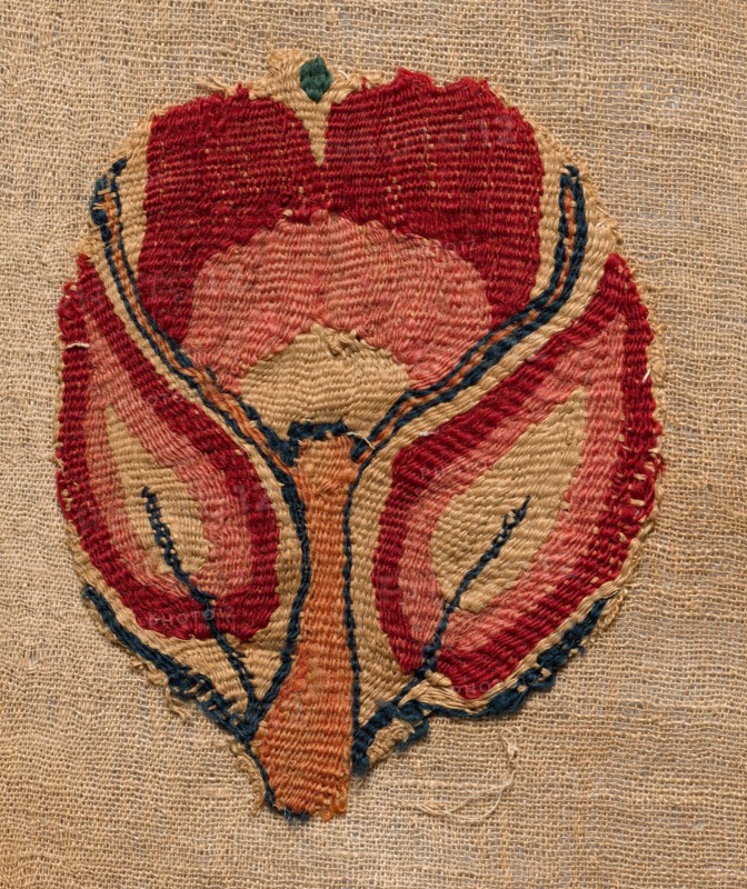 Fragments from a Curtain, 300s - 500s. Egypt, Byzantine period, 4th - 6th century. Tapestry (originally inwoven in tabby ground, applied to plain tabby linen); linen and wool; overall: 10 x 12.7 cm (3 15/16 x 5 in.)