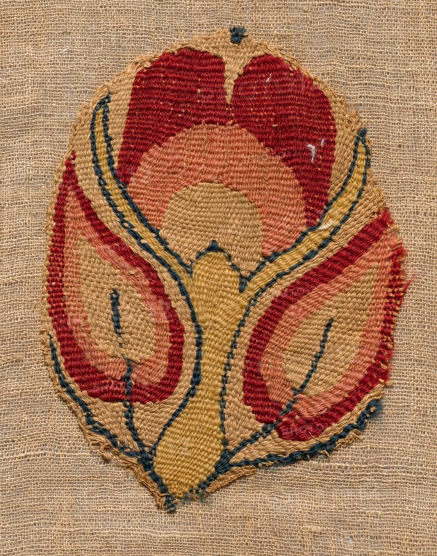Fragments from a Curtain, 300s - 500s. Egypt, Byzantine period, 4th - 6th century. Tapestry (originally inwoven in tabby ground, applied to plain tabby linen); linen and wool; overall: 9.8 x 13.4 cm (3 7/8 x 5 1/4 in.)