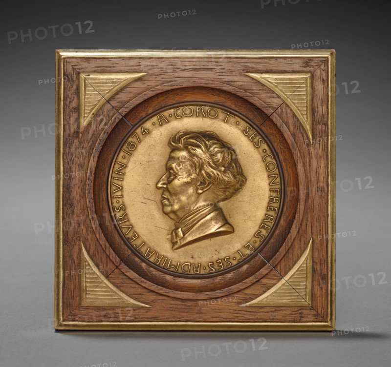 Medal of Corot, 1874. Adolphe-Victor Geoffroy-Dechaume (French, 1816-1892). Gilt bronze, wood; diameter: 9.8 cm (3 7/8 in.)