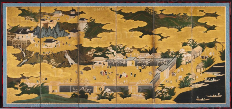 Views of Lake Biwa: Summer, first half of the 1600s. Circle of Kano Eino (Japanese, 1631-1697). Six-panel folding screen, ink and color on gilded paper; image: 152.8 x 344.1 cm (60 3/16 x 135 1/2 in.); overall: 165.8 x 357.6 cm (65 1/4 x 140 13/16 in.); closed: 170 x 11.7 x 61.6 cm (66 15/16 x 4 5/8 x 24 1/4 in.); panel: 165.8 x 59.6 cm (65 1/4 x 23 7/16 in.); with frame: 169.8 x 361.6 cm (66 7/8 x 142 3/8 in.).