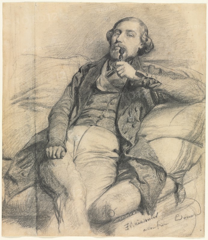 Man Smoking, 1800s. Ernest Meissonier (French, 1815-1891). Black chalk and graphite, with stumping, heightened with white gouache?; sheet: 27.8 x 24.2 cm (10 15/16 x 9 1/2 in.).