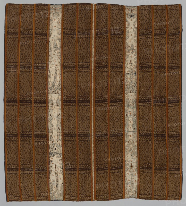Tapis (Garment), 1800s. Indonesia, Sumatra, Lampung, 19th century. Tabby weave, warp ikat; cotton / embroidery; silk; overall: 130.2 x 117.8 cm (51 1/4 x 46 3/8 in.)