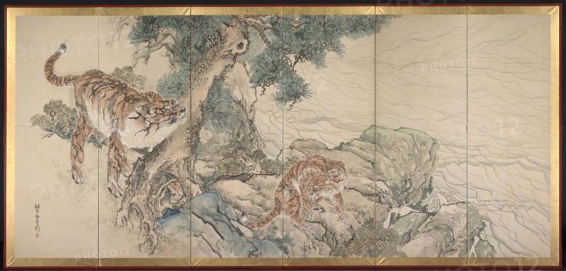 Tiger Family, early 1800s. Kishi Ganku (Japanese, 1749/56-1838). One of a pair of six-panel folding screens; ink and color on paper; image: 164.8 x 362.5 cm (64 7/8 x 142 11/16 in.); including mounting: 179.4 x 384.8 cm (70 5/8 x 151 1/2 in.).