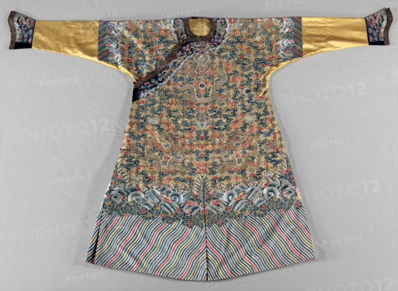 Semi-formal Court Robe (Jifu), late 1700s. China, Qing dynasty (1644-1911), Jiaqing period (1796-1820). Silk: satin weave; silk and metal thread: embroidery; width across shoulders: 226.1 cm (89 in.); length back of neck to hem: 154.9 cm (61 in.)