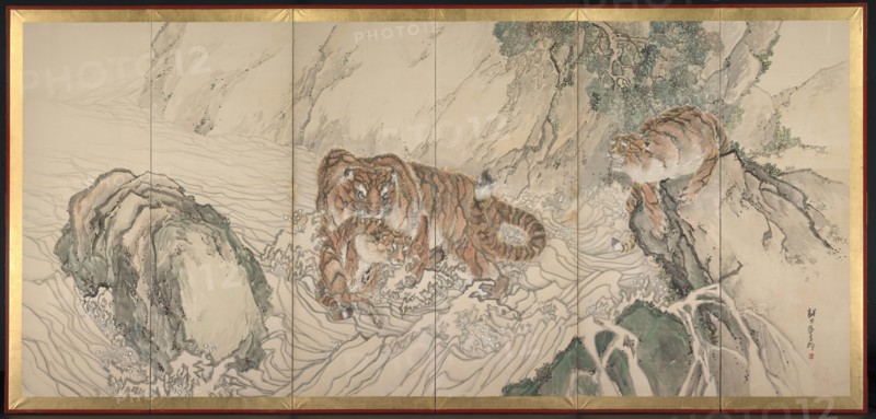 Tiger Family, early 1800s. Kishi Ganku (Japanese, 1749/56-1838). Pair of six-panel folding screens; ink and color on paper; overall: 179.4 x 384.8 cm (70 5/8 x 151 1/2 in.).
