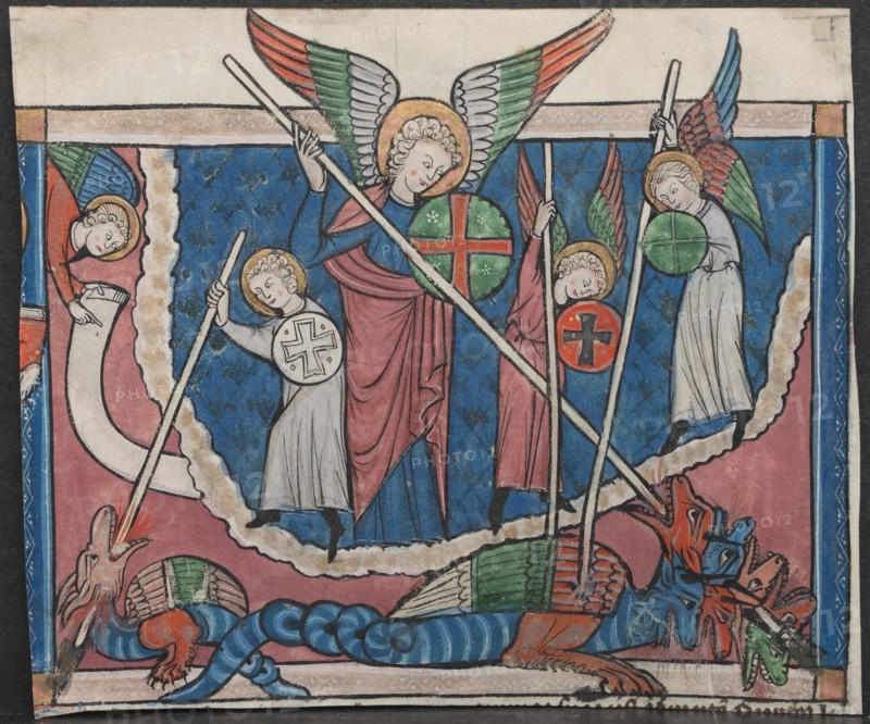 Miniature from a Manuscript of the Apocalypse: The War in Heaven, c. 1295. France, Lorraine, 13th century. Ink, tempera, and gold on vellum; sheet: 12 x 14.2 cm (4 3/4 x 5 9/16 in.); framed: 52.4 x 39.7 cm (20 5/8 x 15 5/8 in.); matted: 48.9 x 36.2 cm (19 1/4 x 14 1/4 in.)