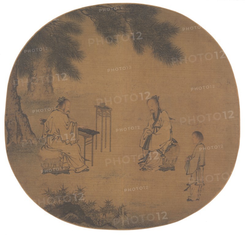 Listening to the Qin (Zither), 1150 - after 1225. Liu Songnian (Chinese, c. 1150-after 1225). Album leaf, ink and slight color on silk; image: 23.8 x 24.6 cm (9 3/8 x 9 11/16 in.); with mat: 33.3 x 40.5 cm (13 1/8 x 15 15/16 in.).
