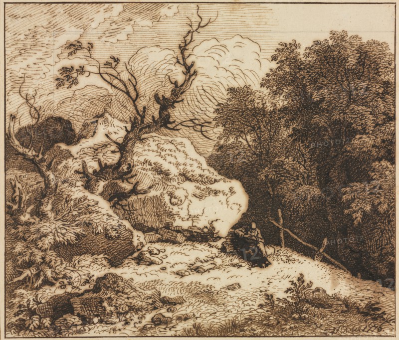 Hermit in a Wooded Landscape, 1776. Ferdinand Kobell (German, 1740-1799). Pen and brown ink over traces of graphite; framing lines brown ink; sheet: 19.1 x 22.3 cm (7 1/2 x 8 3/4 in.); secondary support: 26.8 x 29.8 cm (10 9/16 x 11 3/4 in.).
