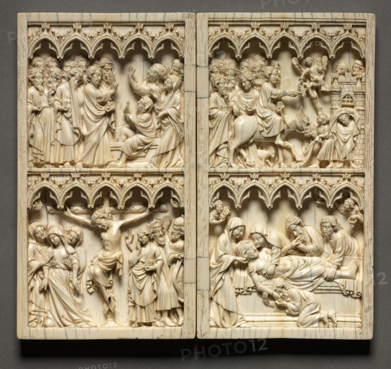 Diptych with Scenes from the Life of Christ (left wing: Raising of Lazarus and Crucifixion) (right wing: Entry into Jerusalem and Entombment), c. 1350-1375. Germany, Thuringia or Saxony, 14th century. Ivory; part 1: 20.7 x 11.2 cm (8 1/8 x 4 7/16 in.).