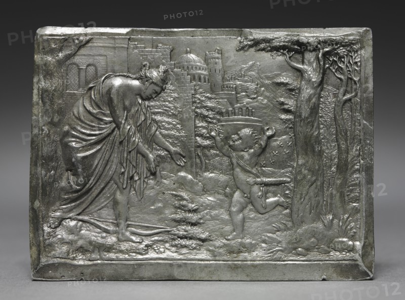 Cupid Complaining to Venus, c. 1540-1546. Peter Flötner (German, 1485-1546). Lead; overall: 6.8 x 9.2 cm (2 11/16 x 3 5/8 in.).