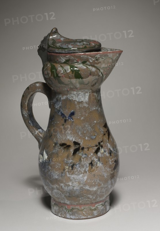 Covered Ewer, 1878-1882. Haviland Factory at Auteuil (French), Charles Midoux (French). Earthenware with pewter hinge; overall: 31.6 x 18.8 cm (12 7/16 x 7 3/8 in.).