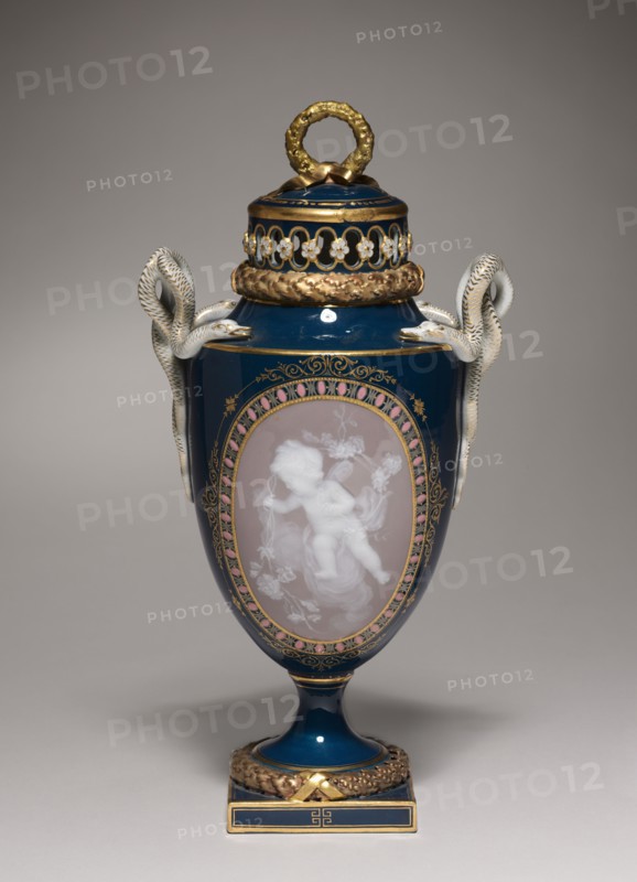 Covered Vase, 1881. Meissen Porcelain Factory (German). Porcelain with pâte-sur-pâte decoration; overall: 27.7 x 14.5 cm (10 7/8 x 5 11/16 in.).