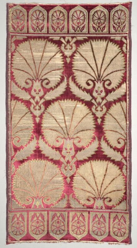 Brocaded velvet cushion cover with carnations, late 1500s. Turkey, Bursa. Velvet, brocaded: silk, gilt-and-silver-metal thread; overall: 128 x 67 cm (50 3/8 x 26 3/8 in.)