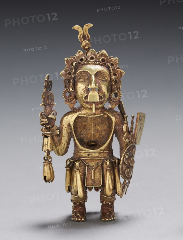 Figure of a Warrior, after 1325. Central Mexico, Tetzcoco?, Aztec, Post-Classic Period. Gold-silver-copper alloy (cast); overall: 11.2 x 6.1 cm (4 7/16 x 2 3/8 in.).