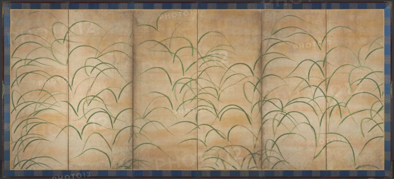 Pampas Grasses, c. 1525. Japan, Muromachi period (1392-1573). Pair of six-fold screens, ink, color, and gold on paper; image: 150.4 x 349.2 cm (59 3/16 x 137 1/2 in.); overall: 163.6 x 362.4 cm (64 7/16 x 142 11/16 in.); panel: 163.6 x 60.4 cm (64 7/16 x 23 3/4 in.); with frame: 166.8 x 365.6 cm (65 11/16 x 143 15/16 in.).