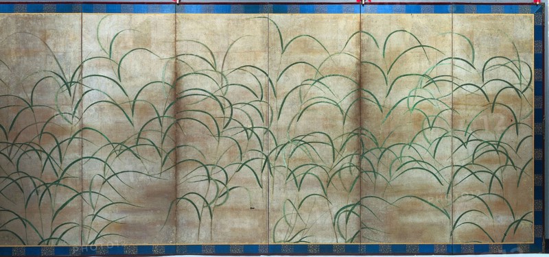 Pampas Grasses, c. 1525. Japan, Muromachi period (1392-1573). Pair of six-fold screens, ink, color, and gold on paper; image: 150.4 x 349.2 cm (59 3/16 x 137 1/2 in.); overall: 163.6 x 362.4 cm (64 7/16 x 142 11/16 in.); with frame: 166.8 x 365.6 cm (65 11/16 x 143 15/16 in.); panorama: 163.6 x 60.4 cm (64 7/16 x 23 3/4 in.).