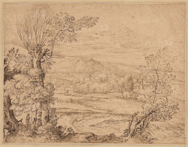 Landscape with a River and Aqueduct, mid 1600s. Giovanni Francesco Grimaldi (Italian, 1606-1680). Pen and brown ink over traces of black chalk; sheet: 35.7 x 46.3 cm (14 1/16 x 18 1/4 in.); secondary support: 45.5 x 59.9 cm (17 15/16 x 23 9/16 in.).