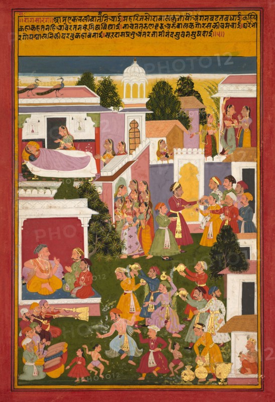 The Birth of Krishna, from a Sursagar of Surdas, c. 1700. Northwestern India, Rajasthan, Mewar school, early 18th Century. Opaque watercolor and gold on paper; image: 33.6 x 22.2 cm (13 1/4 x 8 3/4 in.); overall: 37 x 25.4 cm (14 9/16 x 10 in.); with mat: 49 x 36.3 cm (19 5/16 x 14 5/16 in.).