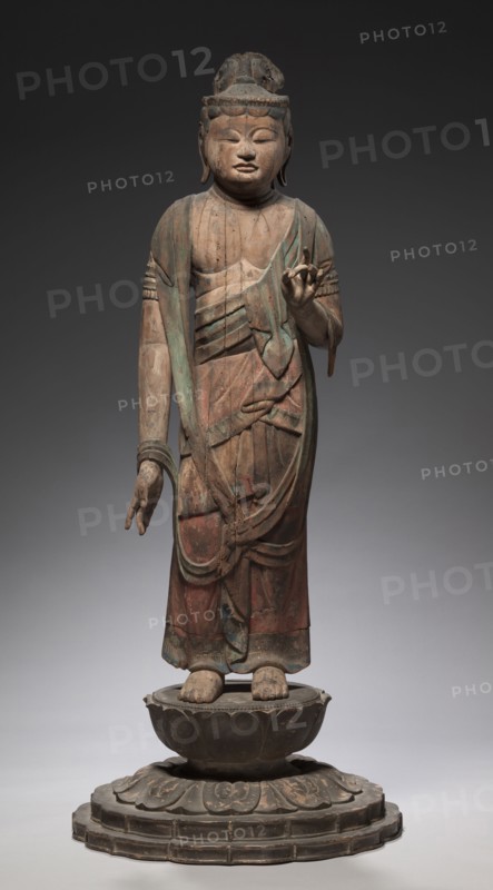 Standing Shokannon with Lotus Base, 900s. Japan, Heian Period (794-1185). Carved (single-block) wood with polychromy; overall: 101.6 cm (40 in.); with base: 124.5 cm (49 in.).