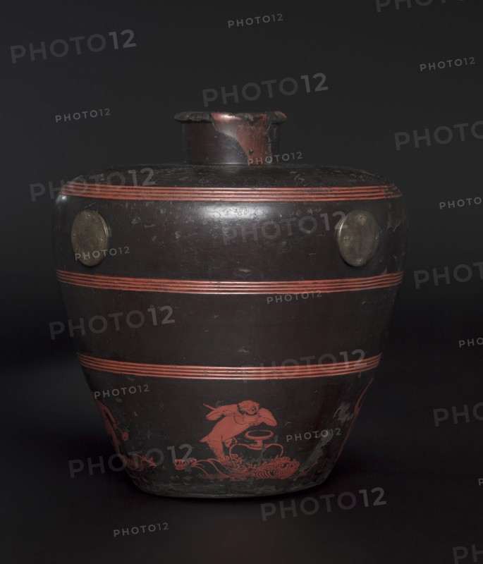 Jar with Scenes of Frolicking Monkeys, 1302. Japan, Kamakura period (1185-1333). Wood, covered with hemp cloth and colored lacquer; diameter: 47.2 cm (18 9/16 in.); overall: 49.4 cm (19 7/16 in.).