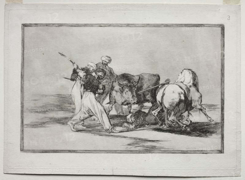 The Moors Settled in Spain, Giving Up the Superstitions of the Koran, Adopted this Art of Hunting, and Spear a Bull in the Open, 1815-1816. Francisco de Goya (Spanish, 1746-1828). Etching, aquatint, drypoint and engraving