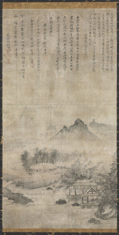 Landscape, c. 1414. Korea or Japan, Joseon period (1392-1910) or Muromachi Period (1392-1573). Hanging scroll; ink and color on silk; painting only: 102.8 x 54 cm (40 1/2 x 21 1/4 in.); including mounting: 182.9 x 60.7 cm (72 x 23 7/8 in.).