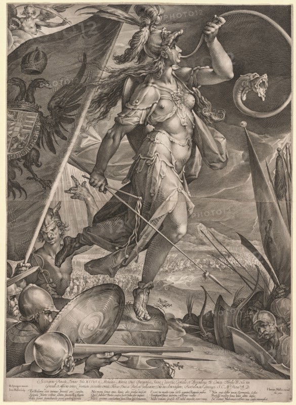 Bellona Leading the Armies of the Emperor against the Turks, 1600. Jan Muller (Dutch, 1571-1628), after Bartholomaeus Spranger (Flemish, 1546-1611). Engraving (printed from two plates); sheet: 70.8 x 51.2 cm (27 7/8 x 20 3/16 in.); image: 66.2 x 50.3 cm (26 1/16 x 19 13/16 in.)