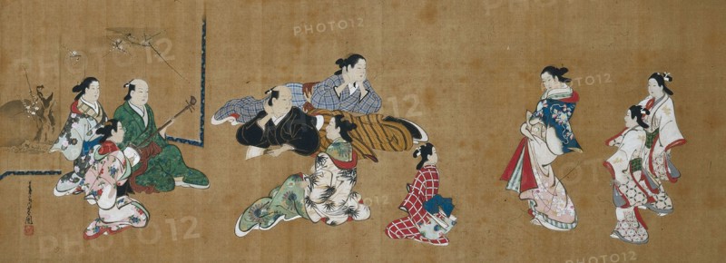 Entertainment Scene, 18th century. Miyagawa Choshun (Japanese, 1683-1753). Hanging scroll, ink and color on silk; image: 56.4 x 135.5 cm (22 3/16 x 53 3/8 in.); overall: 175 x 144.7 cm (68 7/8 x 56 15/16 in.); with knobs: 175 x 154.9 cm (68 7/8 x 61 in.).