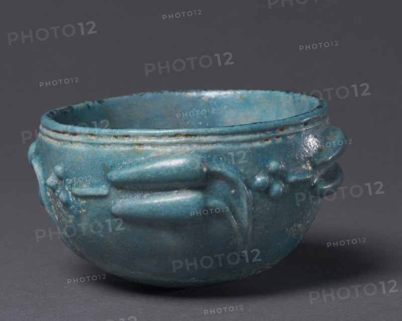 Bowl with Lotus Bud Decoration, 1-200. Egypt, Roman Empire. Bright turquoise blue faience; diameter: 10.6 cm (4 3/16 in.); diameter of mouth: 9.4 cm (3 11/16 in.); overall: 5.8 cm (2 5/16 in.).