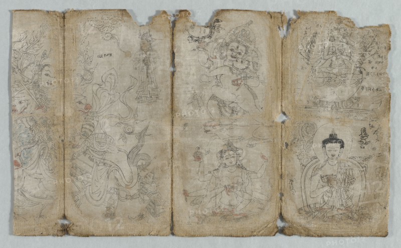 Iconographic Drawing:  Vaishravana, Yama, Vsnisavijaya, Tara and Buddha (recto), c. 1500. Tibet, early 15th Century. Ink and watercolor on cotton; overall: 20.3 x 12.7 cm (8 x 5 in.).