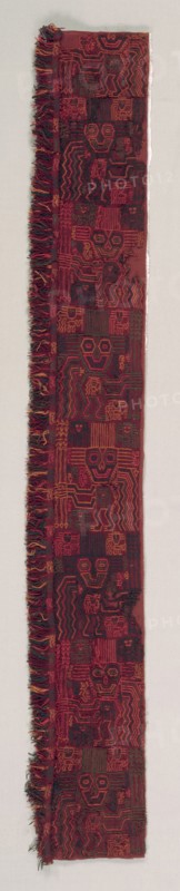 Mantle Border Fragment with Oculate Being, 200 BC-AD 200. Peru, South Coast, Paracas (Cavernas) style (700 BC-AD 1). Camelid fiber, embroidery over foundation cloth; overall: 116.2 x 16.5 cm (45 3/4 x 6 1/2 in.)
