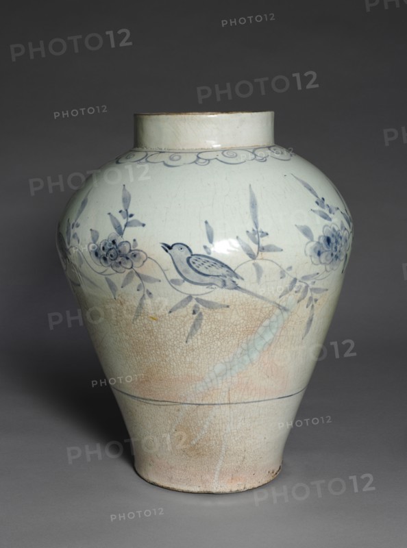 Jar with Bird and Flower Decoration, 1700s. Korea, Joseon dynasty (1392-1910). Stoneware with underglaze blue designs; outer diameter: 33 cm (13 in.); overall: 43.4 cm (17 1/16 in.).