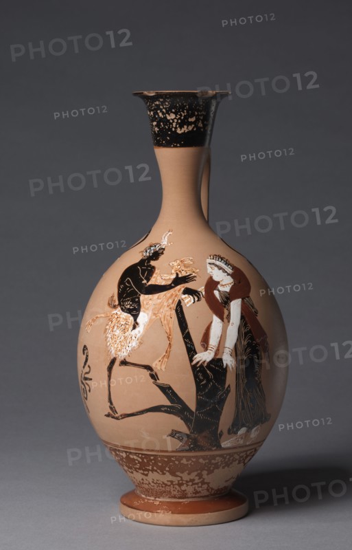 Paestan Black-Figure Lekythos, 330-300 BC. South Italy, Campania, 4th Century BC. Black-figure terracotta with added white, yellow, and red; diameter: 6.1 cm (2 3/8 in.); overall: 25.7 x 12.9 cm (10 1/8 x 5 1/16 in.); diameter of foot: 8.1 cm (3 3/16 in.)