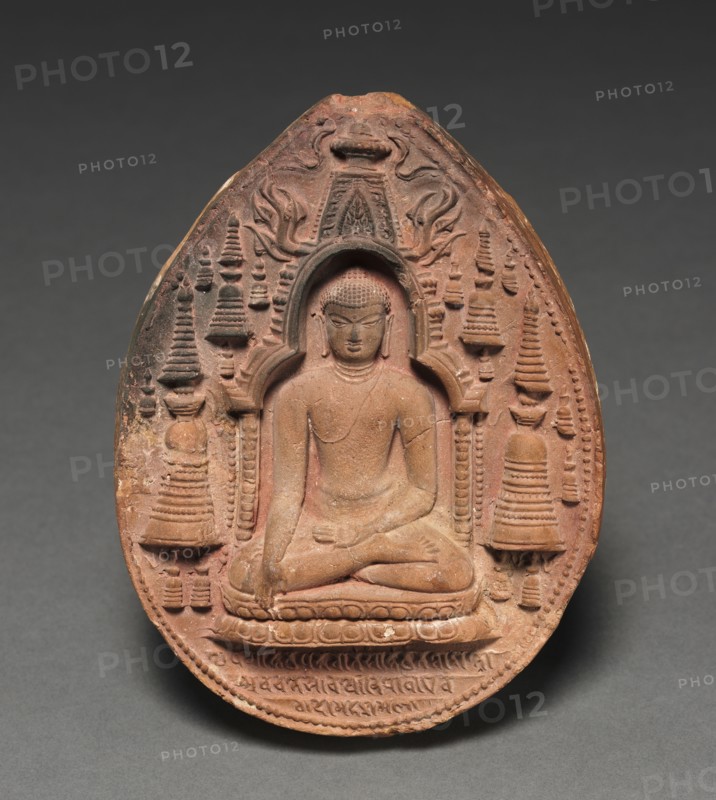 Votive Plaque with Figure of the Buddha, Temple at Bodhgaya, and Stupas, 800s. India, Bihar, Bodhgaya. Terracotta; overall: 15.2 cm (6 in.).