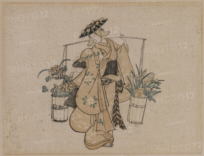 A Beauty Carrying Two Buckets of Flowers, c. 1696-1716. Style of Torii Kiyomasu (Japanese). Color woodblock print; sheet: 17.5 x 17 cm (6 7/8 x 6 11/16 in.).