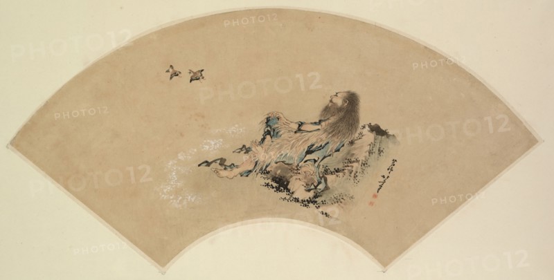 Risshi by the Sea Watching Birds, late 18th-19th century. Katsushika Hokusai (Japanese, 1760-1849). Fan painting; color on paper; framed: 40.7 x 63.5 cm (16 x 25 in.); overall: 19.5 x 51.5 cm (7 11/16 x 20 1/4 in.).