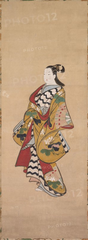 Courtesan, 18th century. Japan, Kaigetsudo school, Edo period (1615-1868). Hanging scroll; ink and color paper; overall: 182.9 x 53.4 cm (72 x 21 in.); overall: 181.6 x 47.8 cm (71 1/2 x 18 13/16 in.); painting only: 95.7 x 35.5 cm (37 11/16 x 14 in.); painting only: 97.4 x 35.5 cm (38 3/8 x 14 in.).